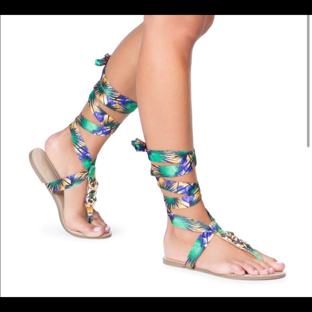 Women’s Scene by Shoedazzle Nyssa multi-color ribbon leg strap sandals tropical